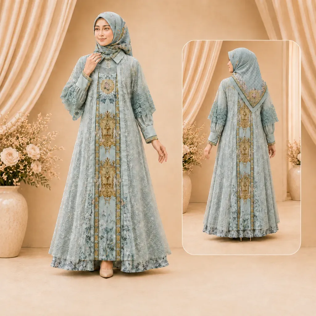 [GMS-GR-LUX-BIRU] Dress Gamis  Luxury Sultan Set Hijab Biru (NON)