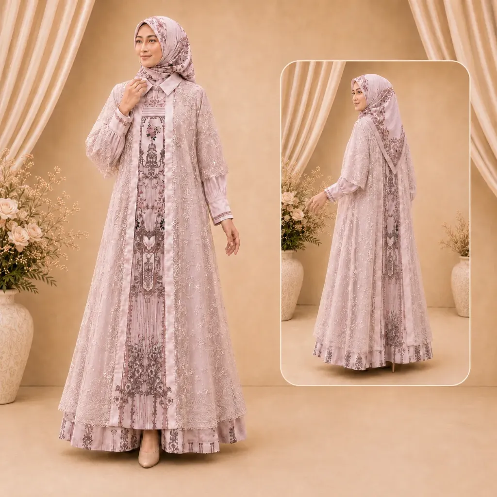 [GMS-GR-LUX-PINK] Dress Gamis Luxury Sultan Set Hijab Pink (NON)