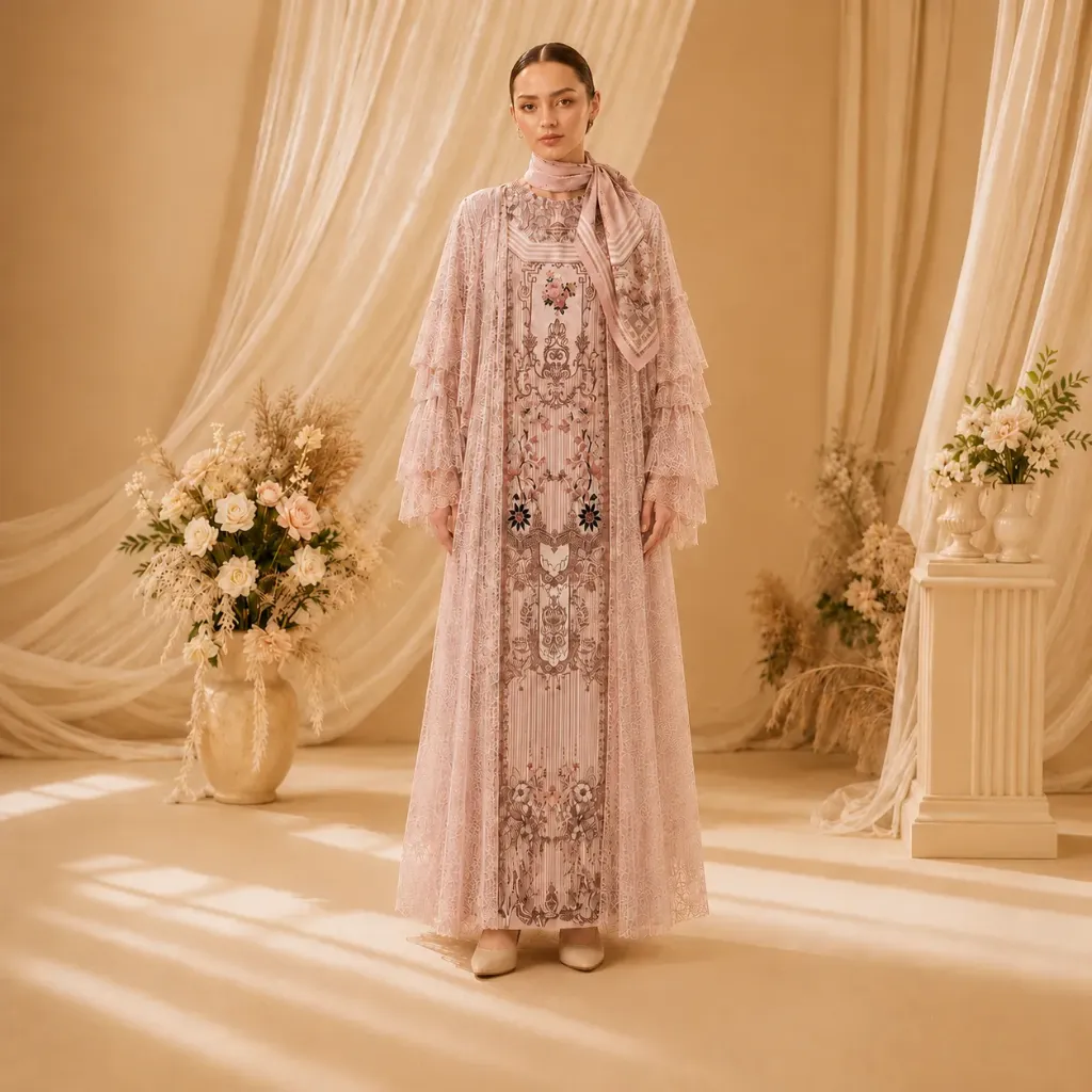 Gamis Luxury Motif Pink Lengan Serabut