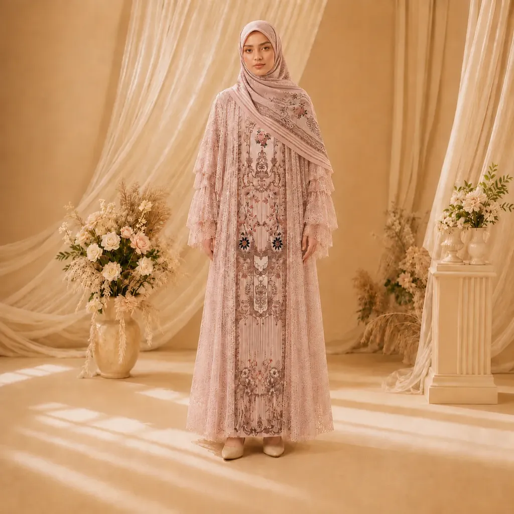 [GMS-GR-BR298-PNK] Gamis Luxury Motif Pink Lengan Serabut