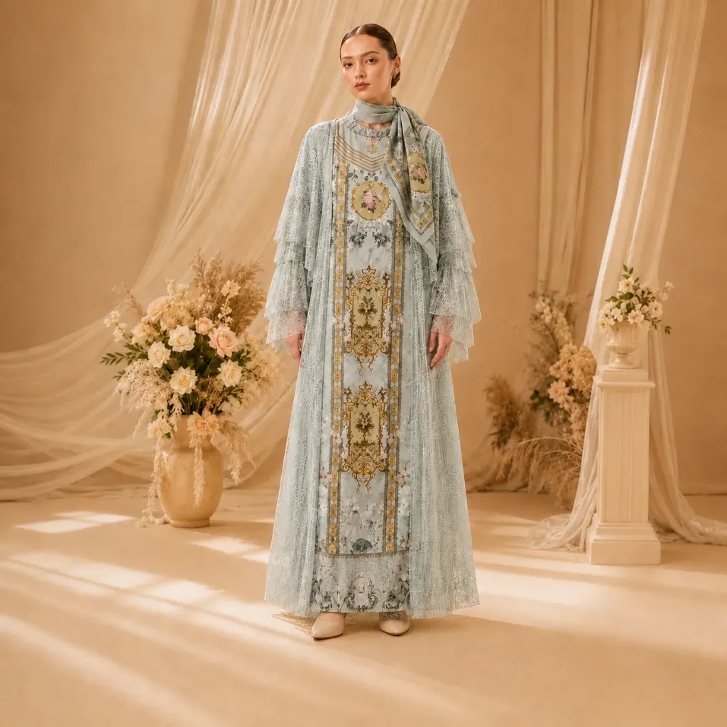 [GMS-GR-BR298-HIJ] Gamis Luxury Motif Hijau Lengan Serabut
