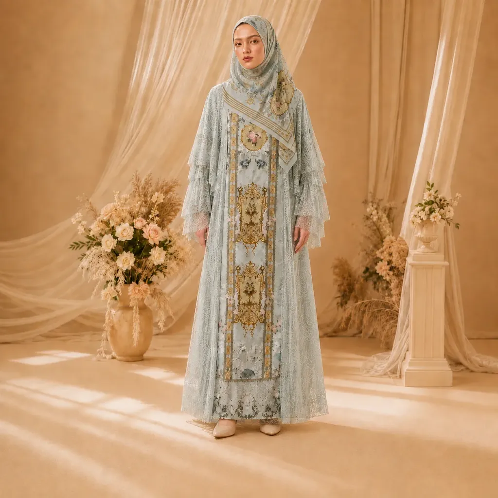 [GMS-GR-BR298-HIJ] Gamis Luxury Motif Hijau Lengan Serabut