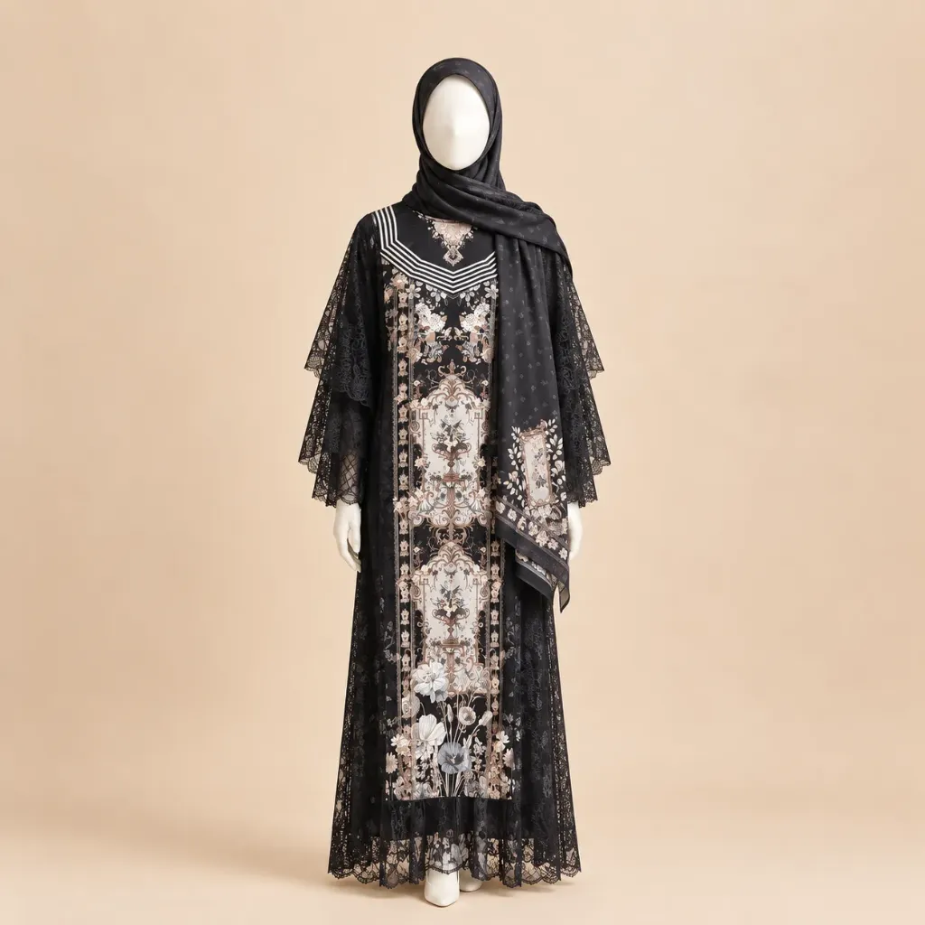 Gamis Luxury Motif Hitam Lengan Serabut V2