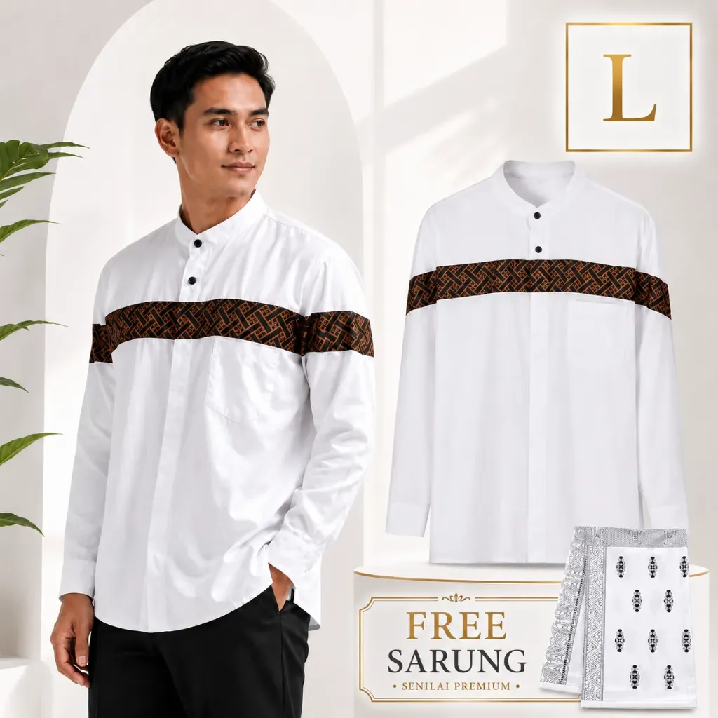 Baju Koko Tangan Panjang Dan Sarung PUTIH SIZE L