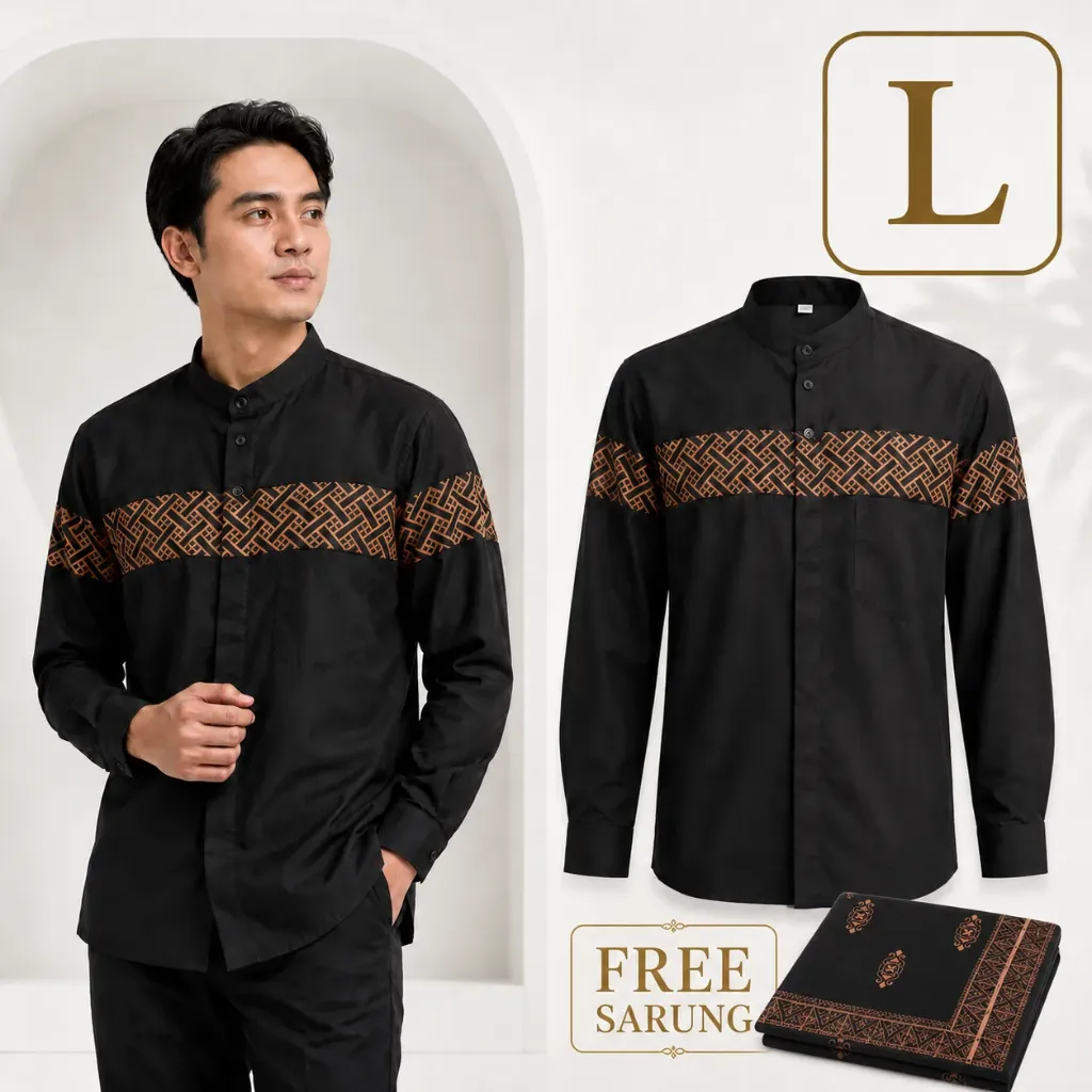 Baju Koko Tangan Panjang Dan Sarung HITAM SIZE L