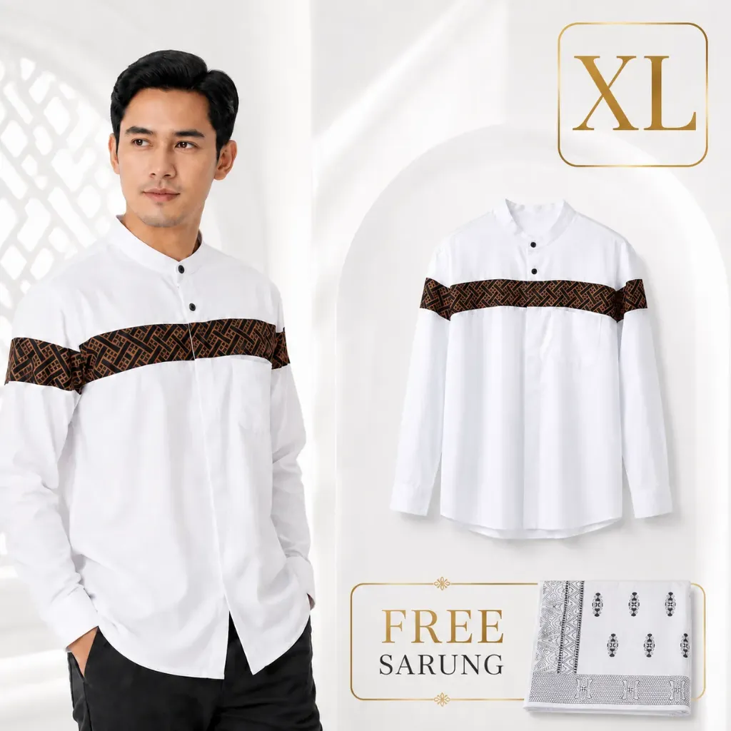 Baju Koko Tangan Panjang Dan Sarung PUTIH SIZE XL