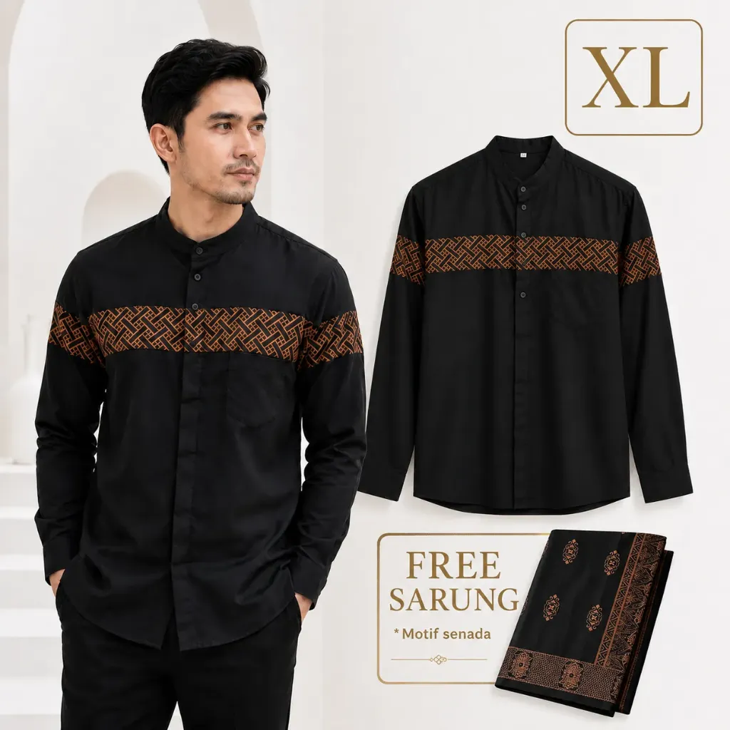 Baju Koko Tangan Panjang Dan Sarung HITAM SIZE XL