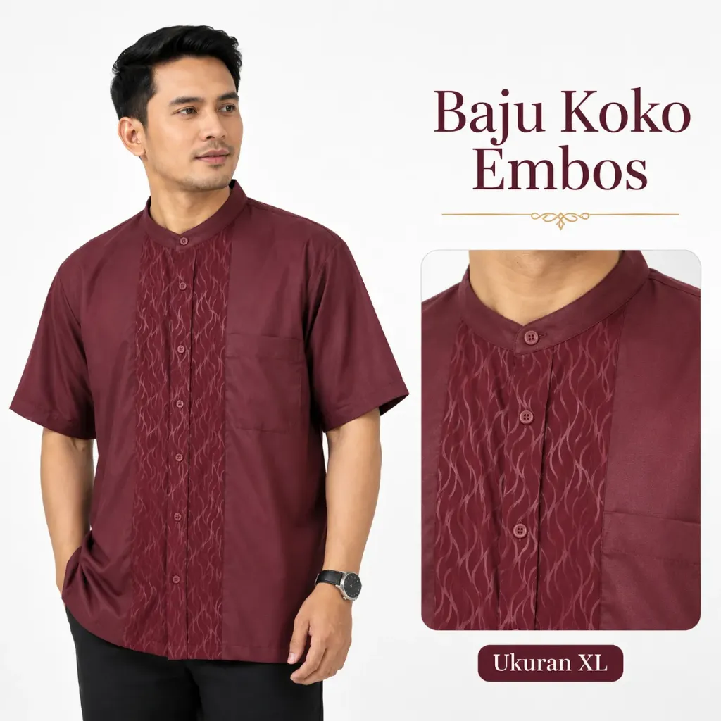 Baju Koko Pria Embos Lengan Pendek MAROON SIZE XL