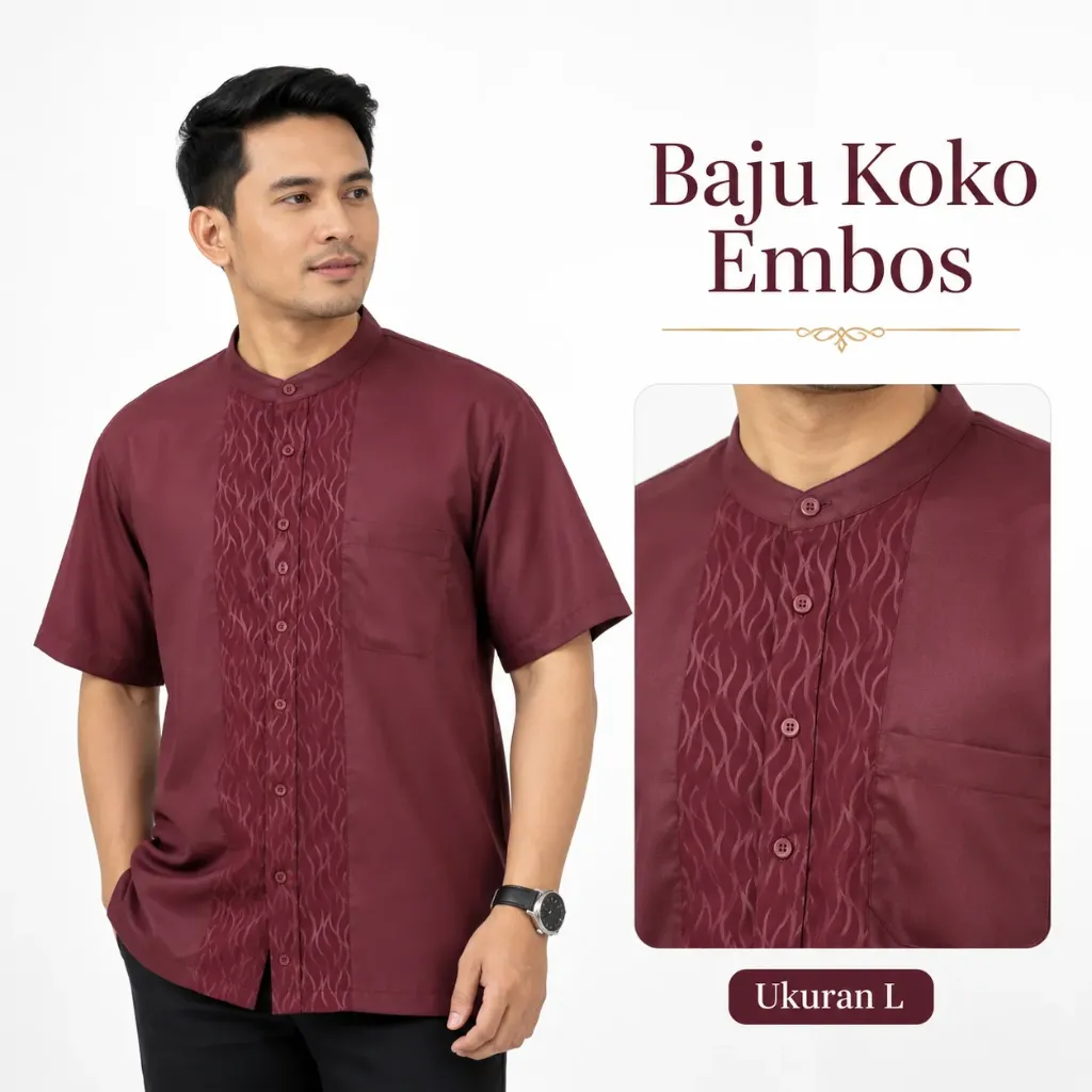 Baju Koko Pria Embos Lengan Pendek MAROON SIZE L