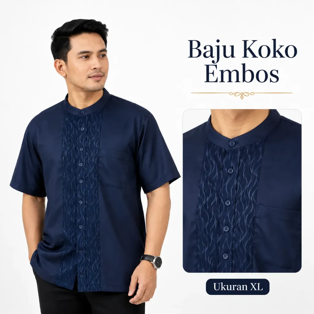 Baju Koko Pria Embos Lengan Pendek NAVY SIZE XL