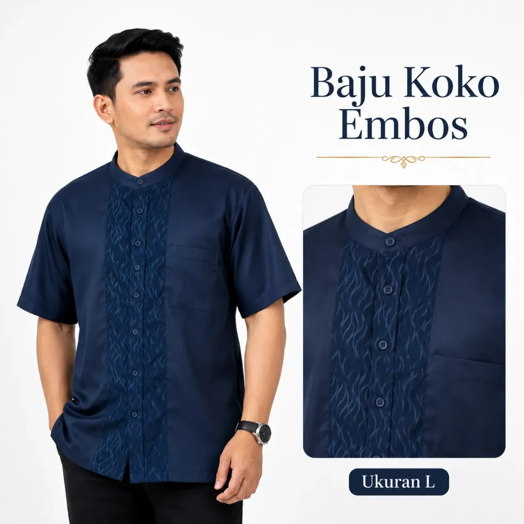 Baju Koko Pria Embos Lengan Pendek NAVY SIZE L