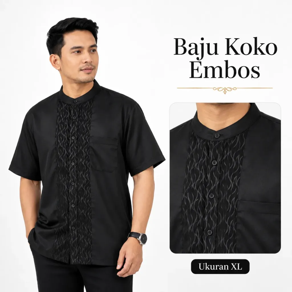 Baju Koko Pria Embos Lengan Pendek HITAM SIZE XL