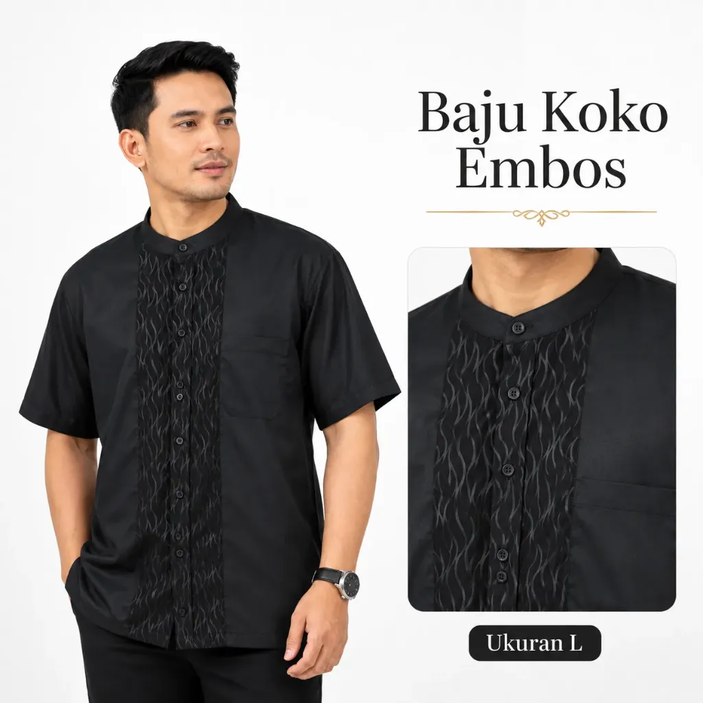 Baju Koko Pria Embos Lengan Pendek HITAM SIZE L